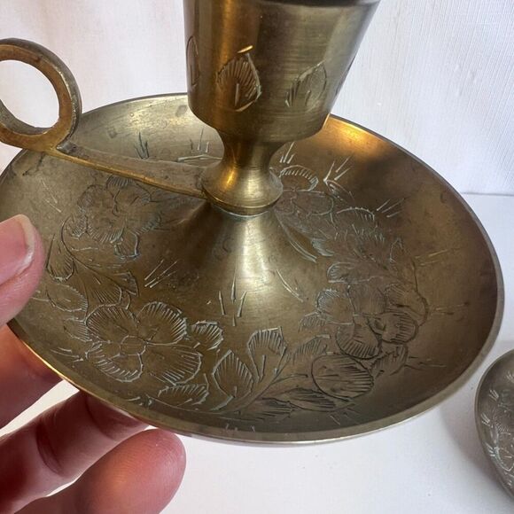 Pair Vintage Brass Candlestick Chamber Stick Finger Holder MCM Etched Floral - Picture 11 of 14